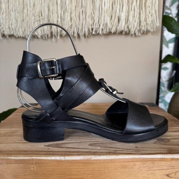 Surface to Air Black Leather Double Ankle Wrap Silver Buckle Block Heel Sandal - Picture 8 of 15